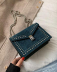 Scrub Leather Chain Rivet Lock Shoulder Bag