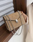 Scrub Leather Chain Rivet Lock Shoulder Bag