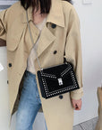 Scrub Leather Chain Rivet Lock Shoulder Bag