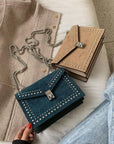 Scrub Leather Chain Rivet Lock Shoulder Bag