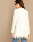Solid Pearl Embellished Faux Fur Round Neck Jacket - Toi ‘n’ Moi Ltd