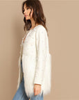 Solid Pearl Embellished Faux Fur Round Neck Jacket - Toi ‘n’ Moi Ltd