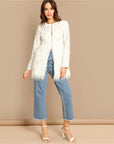Solid Pearl Embellished Faux Fur Round Neck Jacket - Toi ‘n’ Moi Ltd