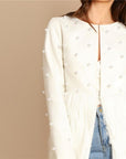 Solid Pearl Embellished Faux Fur Round Neck Jacket - Toi ‘n’ Moi Ltd
