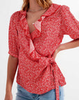 Red Wrap Top in Clustered Flower Print