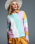 Relaxed Multicolor Diagonal Stripe Sweater With Boat Neck in Pastel Colors