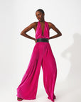 Satin Halter Neck Pleated Maxi Jumpsuit in Fuchsia