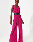 Satin Halter Neck Pleated Maxi Jumpsuit in Fuchsia