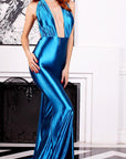 Glossy Blue Satin Evening Gown