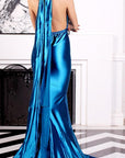 Glossy Blue Satin Evening Gown