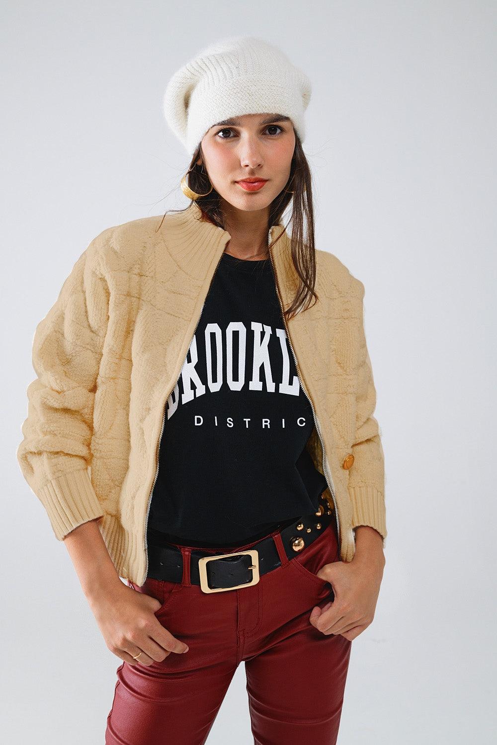 Soft Chunky Knit Bomber Jacket in Camel Color