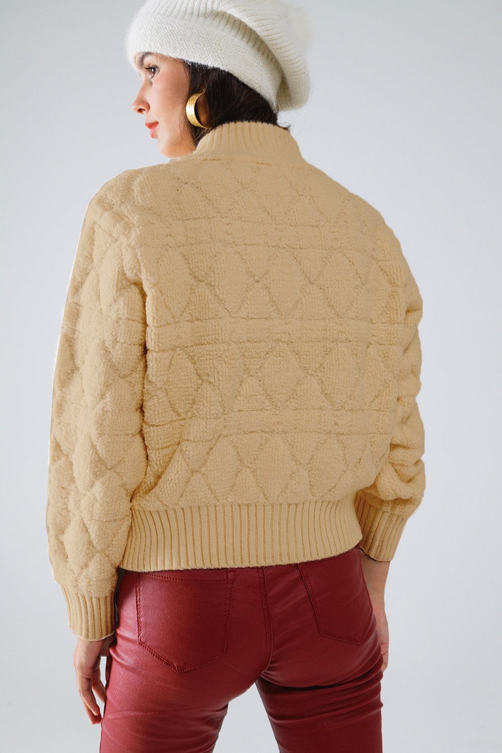 Soft Chunky Knit Bomber Jacket in Camel Color