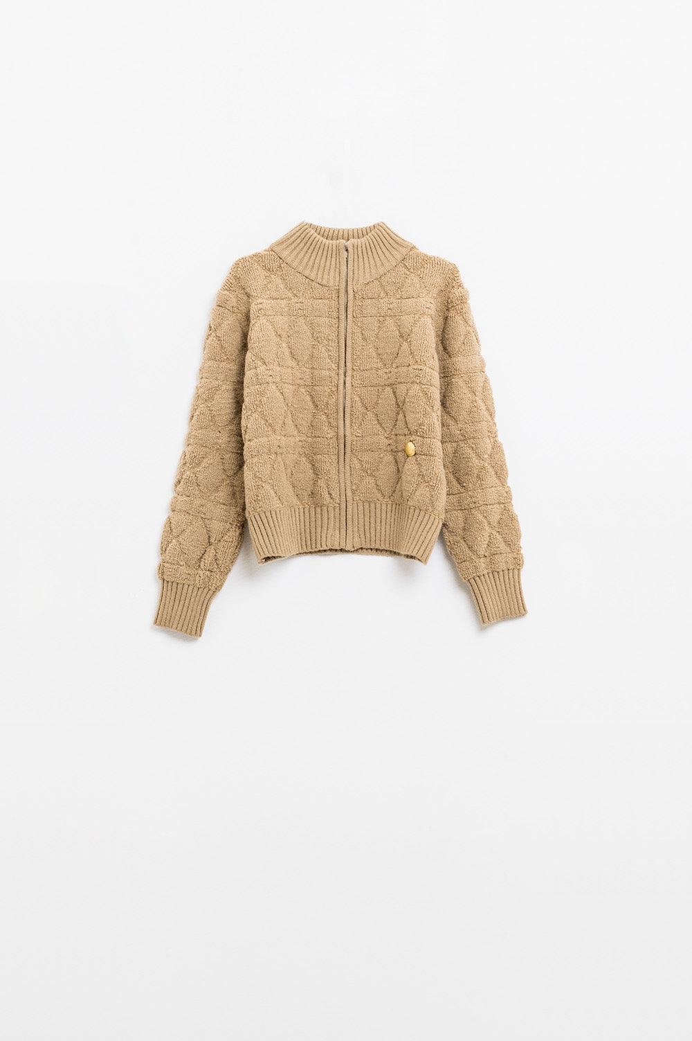 Soft Chunky Knit Bomber Jacket in Camel Color