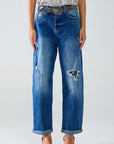Straight Distressed Jeans With Paint Stains Details