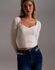 Sweetheart Neckline Chenille Sweater in Cream