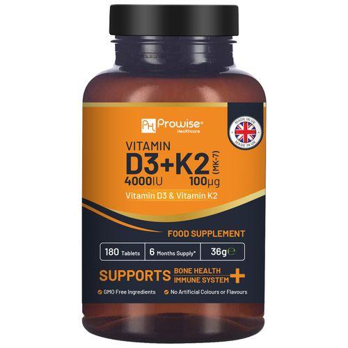 Vitamin D3 4000IU & K2 MK7 100μg Vegetarian 180 Tablets Supplement for Immune Support Calcium Boost, Bone & Muscle by Prowise - Toi ‘n’ Moi Ltd