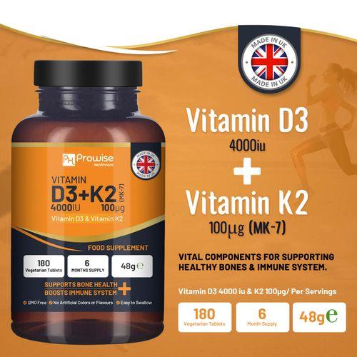 Vitamin D3 4000IU & K2 MK7 100μg Vegetarian 180 Tablets Supplement for Immune Support Calcium Boost, Bone & Muscle by Prowise - Toi ‘n’ Moi Ltd