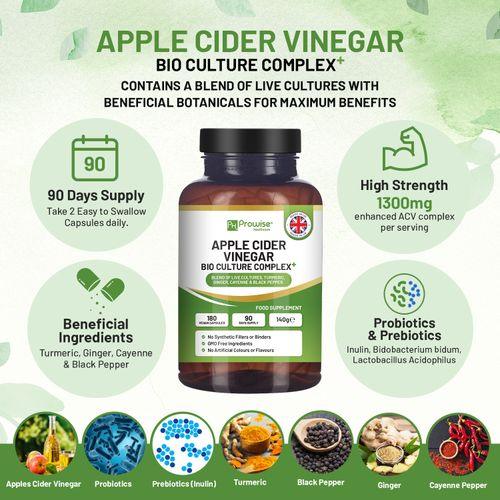 Apple Cider Vinegar with Bio Cultures Complex 1300mg 180 capsules I Vegan I Made in UK by Prowise - Toi ‘n’ Moi Ltd