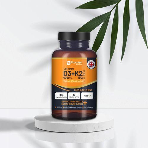 Vitamin D3 4000IU & K2 MK7 100μg Vegetarian 180 Tablets Supplement for Immune Support Calcium Boost, Bone & Muscle by Prowise - Toi ‘n’ Moi Ltd