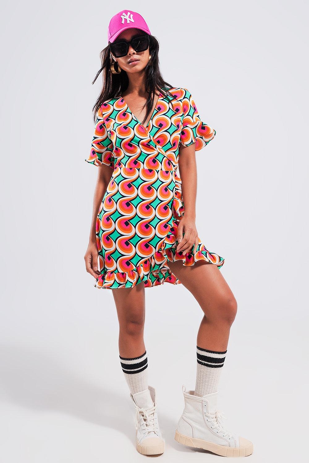 Mini abito con volant e stampa arancione anni '70