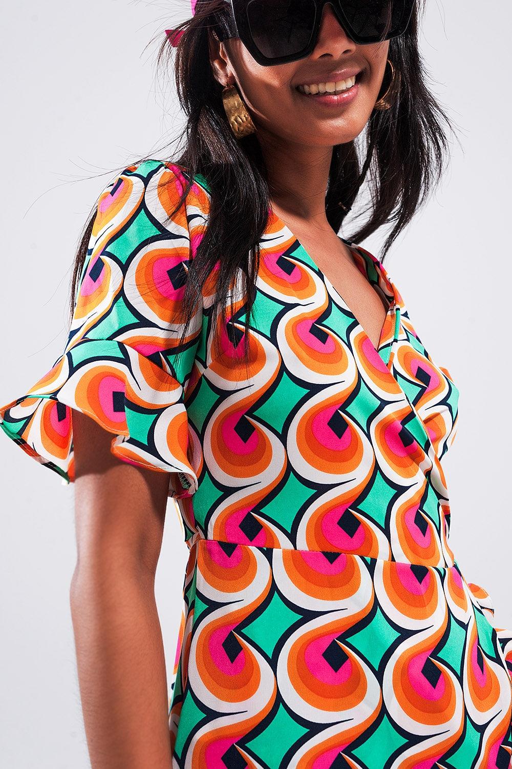 Mini abito con volant e stampa arancione anni '70