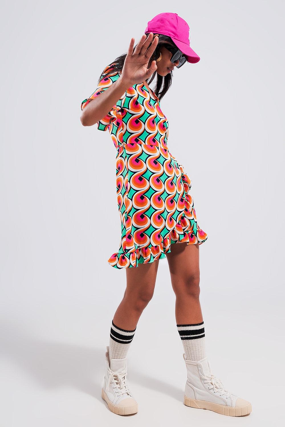 Mini abito con volant e stampa arancione anni '70