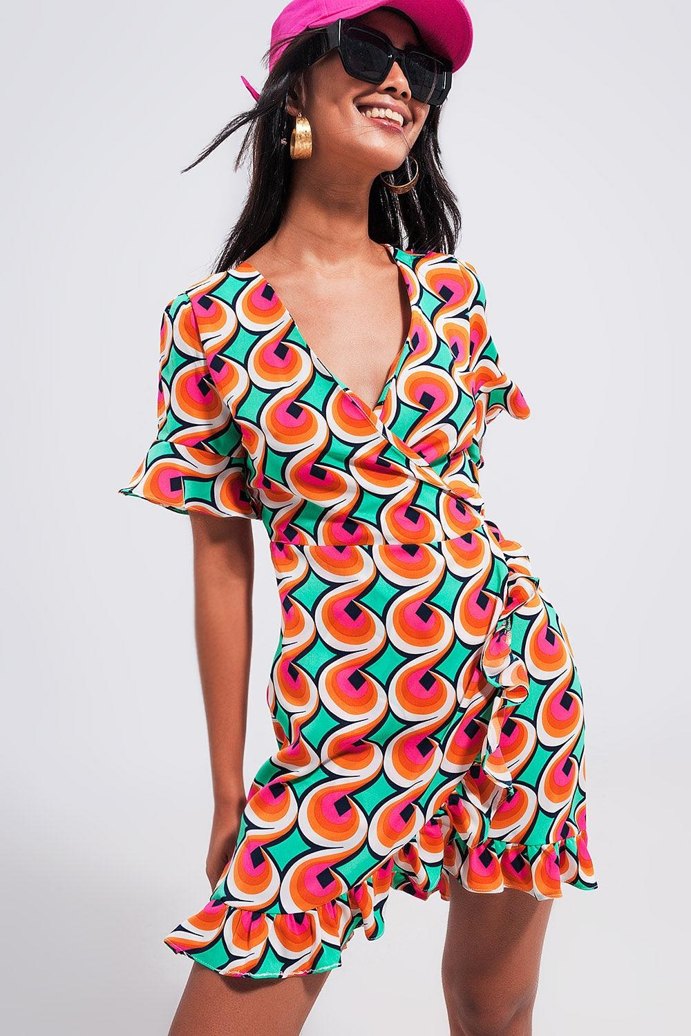 Mini abito con volant e stampa arancione anni '70