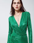 Wrapped Party Dress With Plunge Neckline in Metallic Green