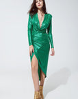 Wrapped Party Dress With Plunge Neckline in Metallic Green