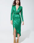 Wrapped Party Dress With Plunge Neckline in Metallic Green