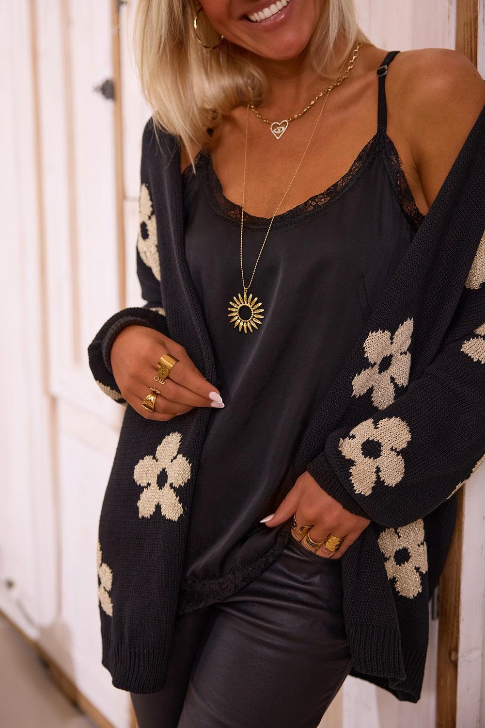 Black 60s Vintage Flower Drop Shoulder Cardigan - Toi ‘n’ Moi Ltd