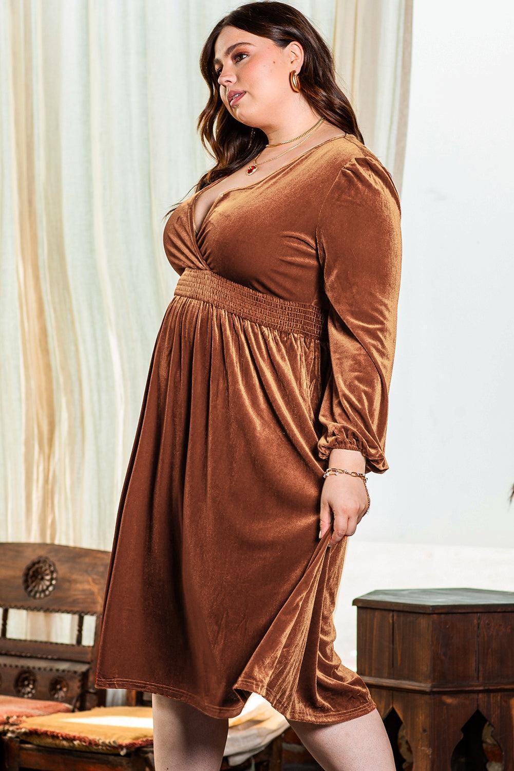 Camel Surplice V Neck Balloon Sleeve Velvet Dress - Toi ‘n’ Moi Ltd