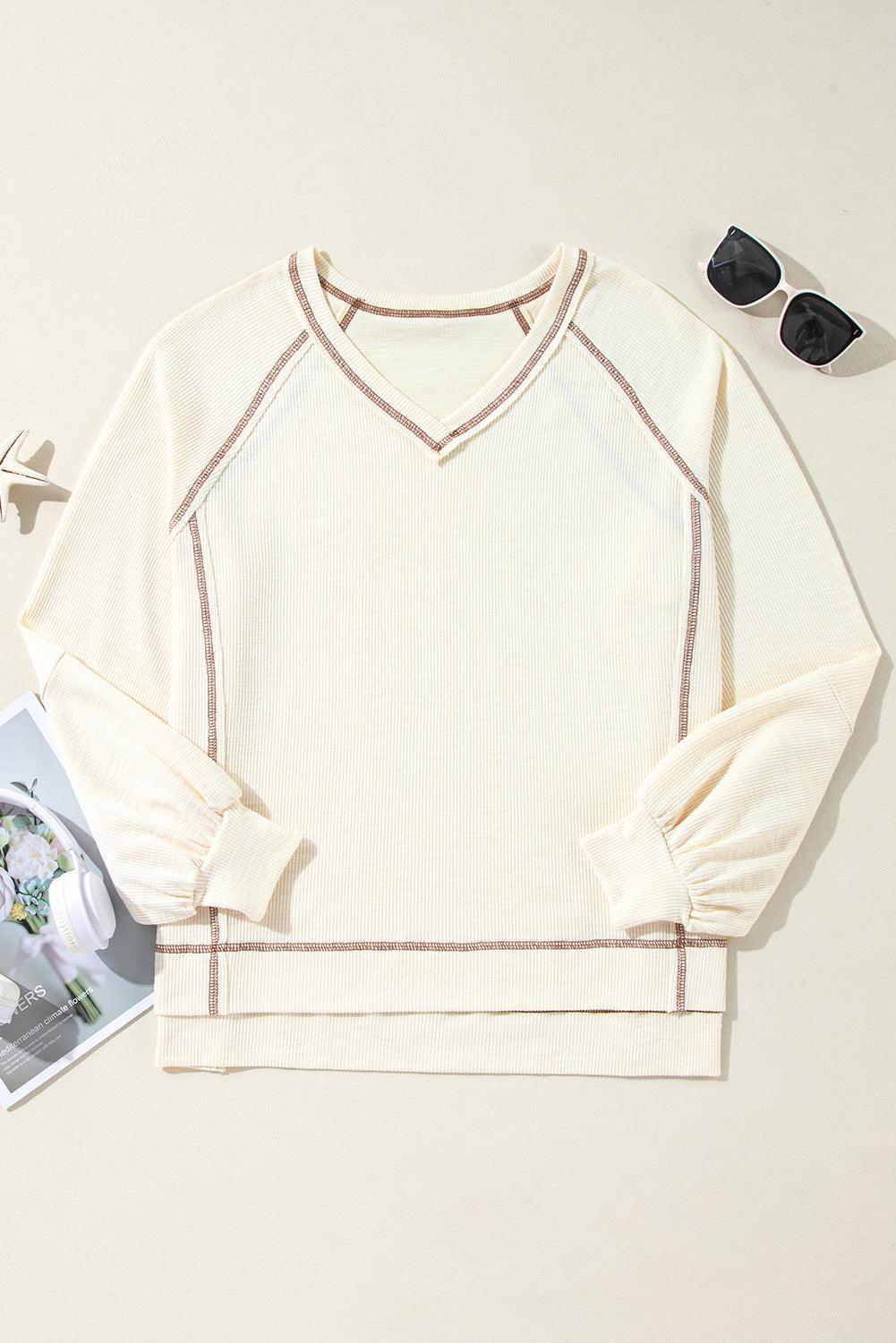 Beige Exposed Seam Crinkle Rib V Neck Pullover Top - Toi ‘n’ Moi Ltd