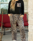 Black Leopard Patched Pocket Long Sleeve Top Plus Size Pants Set - Toi ‘n’ Moi Ltd