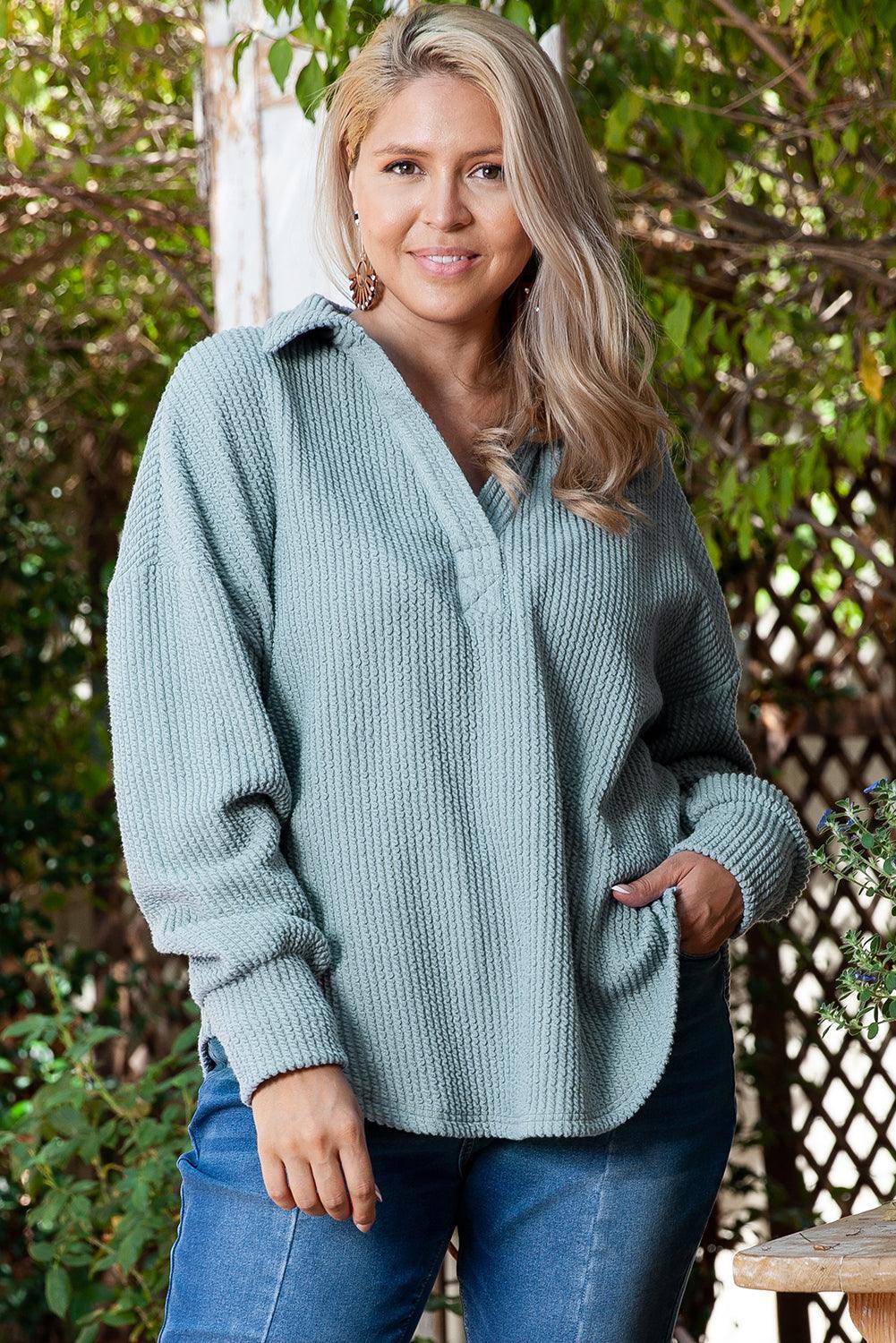 Beau Blue Textured Turn-down V Neck Drop Shoulder Plus Size Top - Toi ‘n’ Moi Ltd