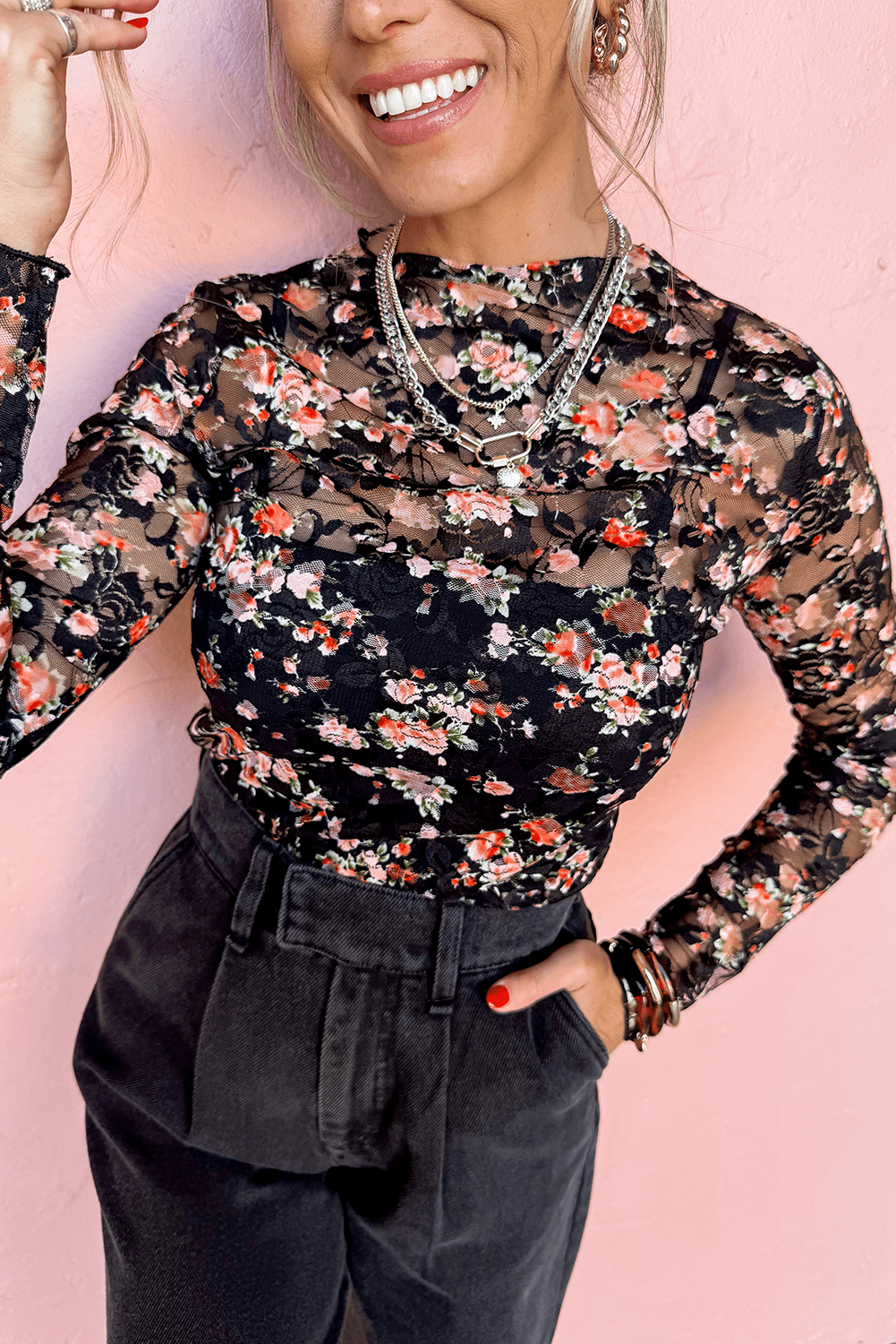 Black Floral Mesh Sheer Long Sleeve Top - Toi ‘n’ Moi Ltd