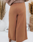 Brown Ribbed Patch Pocket Frill Waist Wide Leg Plus Pants - Toi ‘n’ Moi Ltd