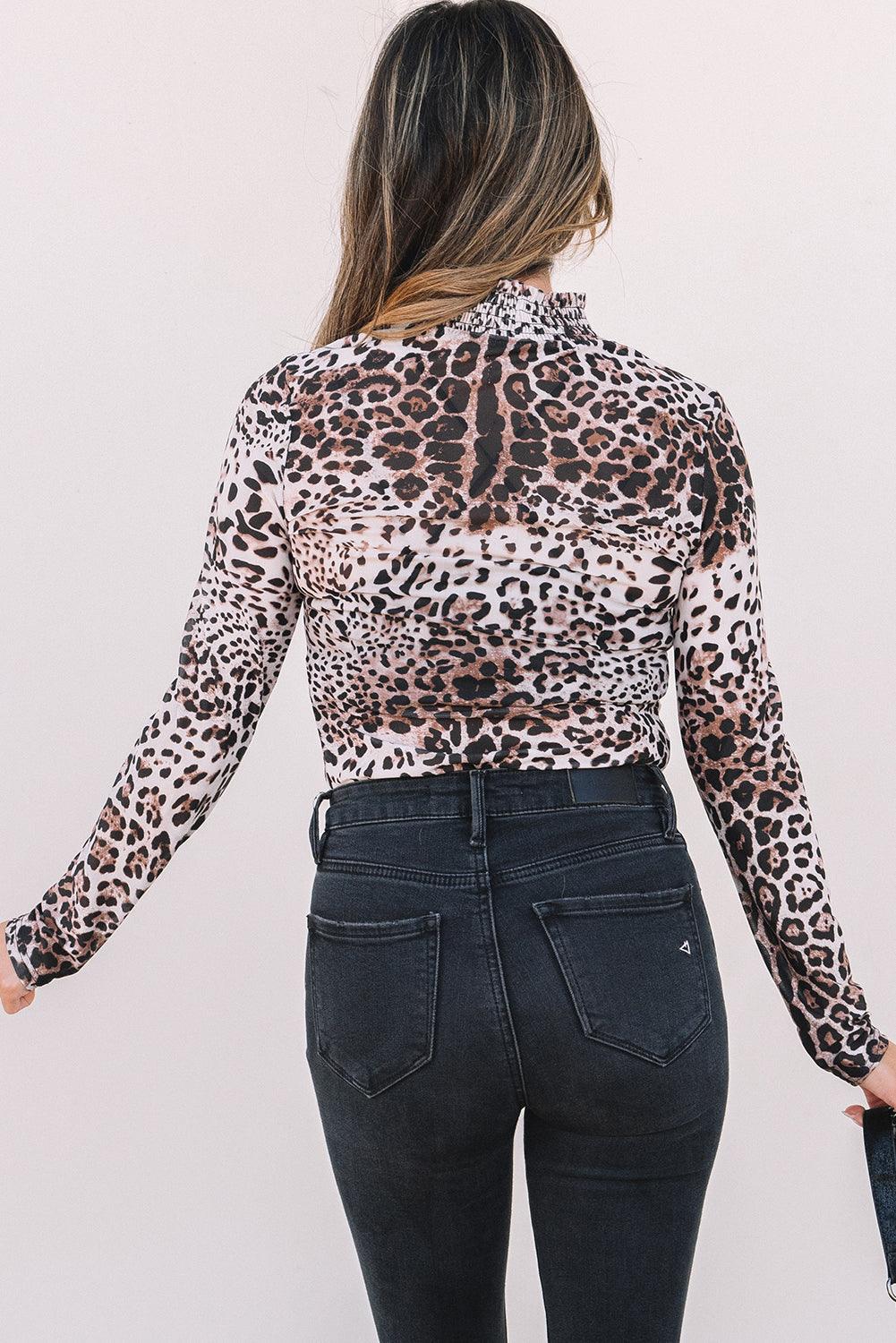 Brown Leopard Smocked Neck Mesh Long Sleeve Bodysuit - Toi ‘n’ Moi Ltd