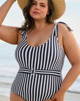 Black Stripe Plus Size Self Tie Straps O-Ring Waistband One Piece Swimsuit - Toi ‘n’ Moi Ltd