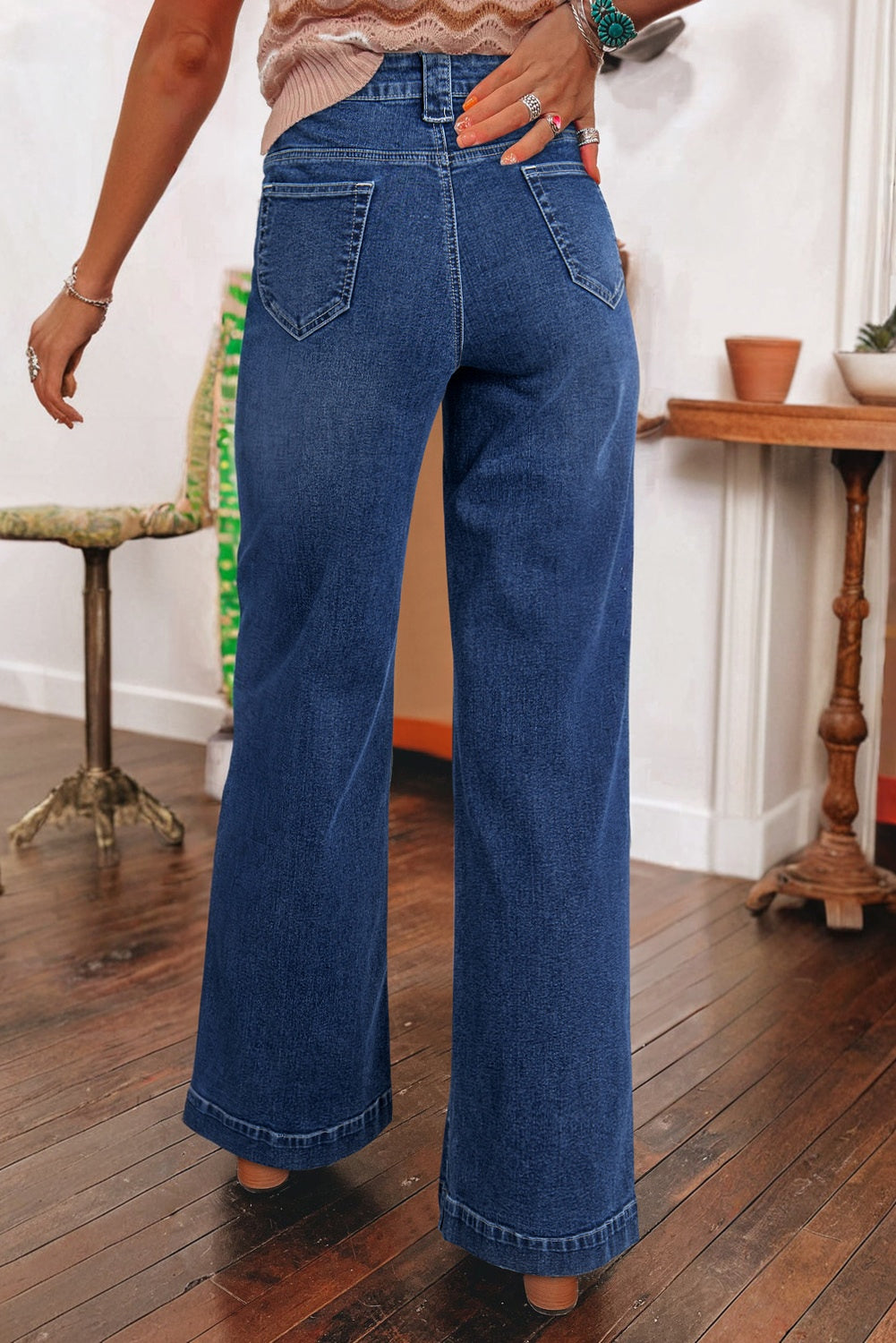 Jean taille haute à jambes larges et poches bleu marine