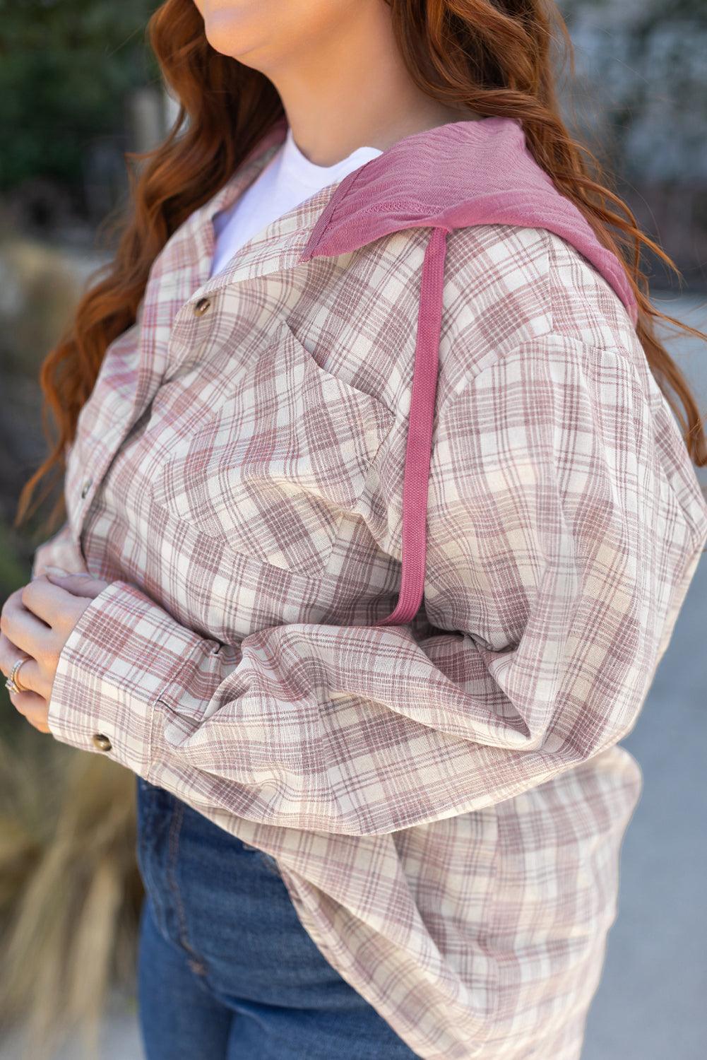 Bonbon Plaid Print Drawstring Hooded Button-up Plus Size Shirt - Toi ‘n’ Moi Ltd