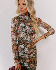 Brown Floral Allover Print Mock Neck Bodycon Midi Dress - Toi ‘n’ Moi Ltd