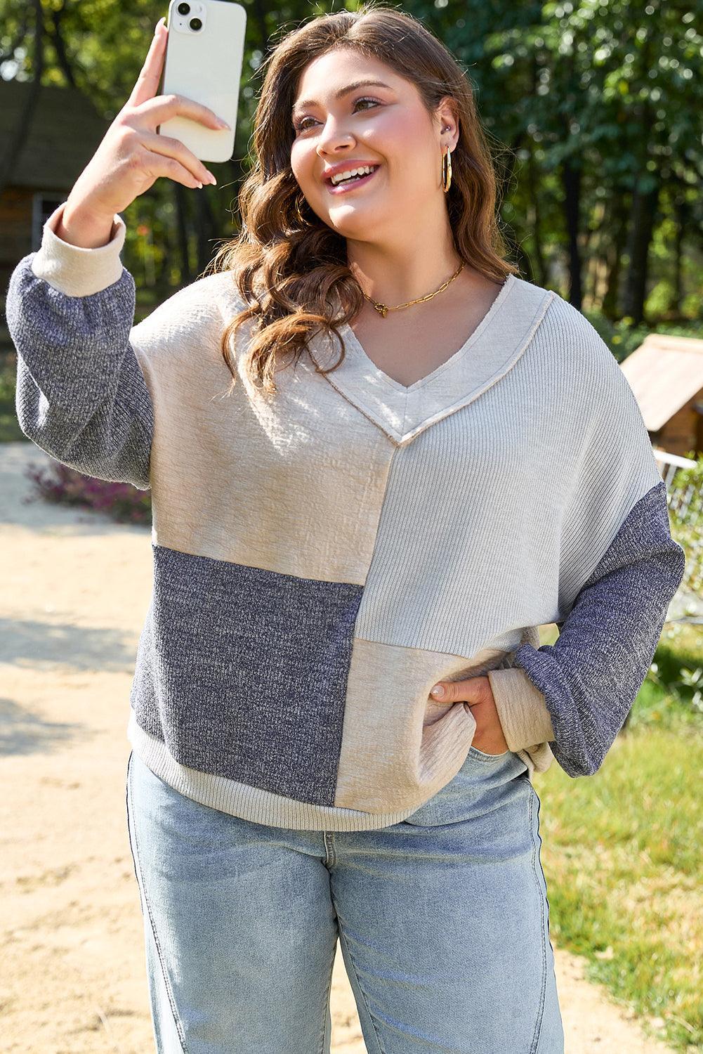 Ashleigh Blue Plus Size Textured Colorblock Patchwork V Neck Top - Toi ‘n’ Moi Ltd