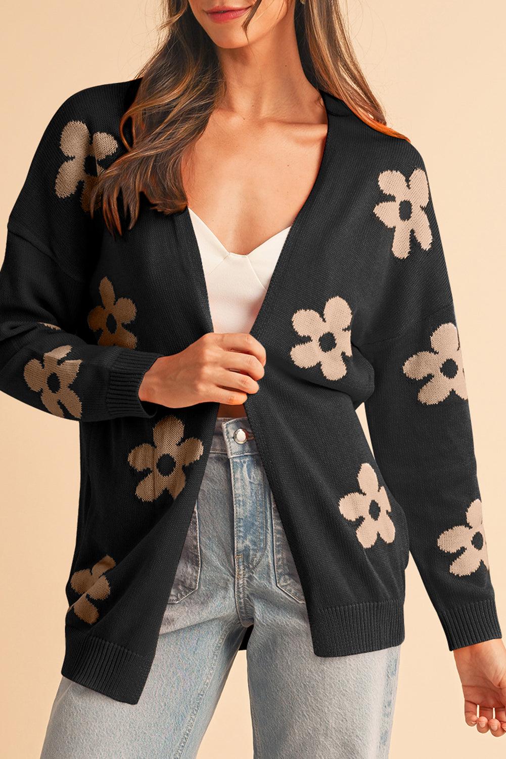 Black 60s Vintage Flower Drop Shoulder Cardigan - Toi ‘n’ Moi Ltd