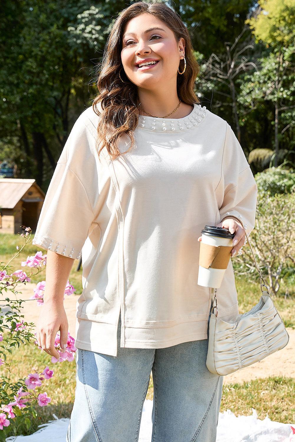 Beige Pearl Decor Crew Neck Half Sleeve Plus Size T Shirt - Toi ‘n’ Moi Ltd
