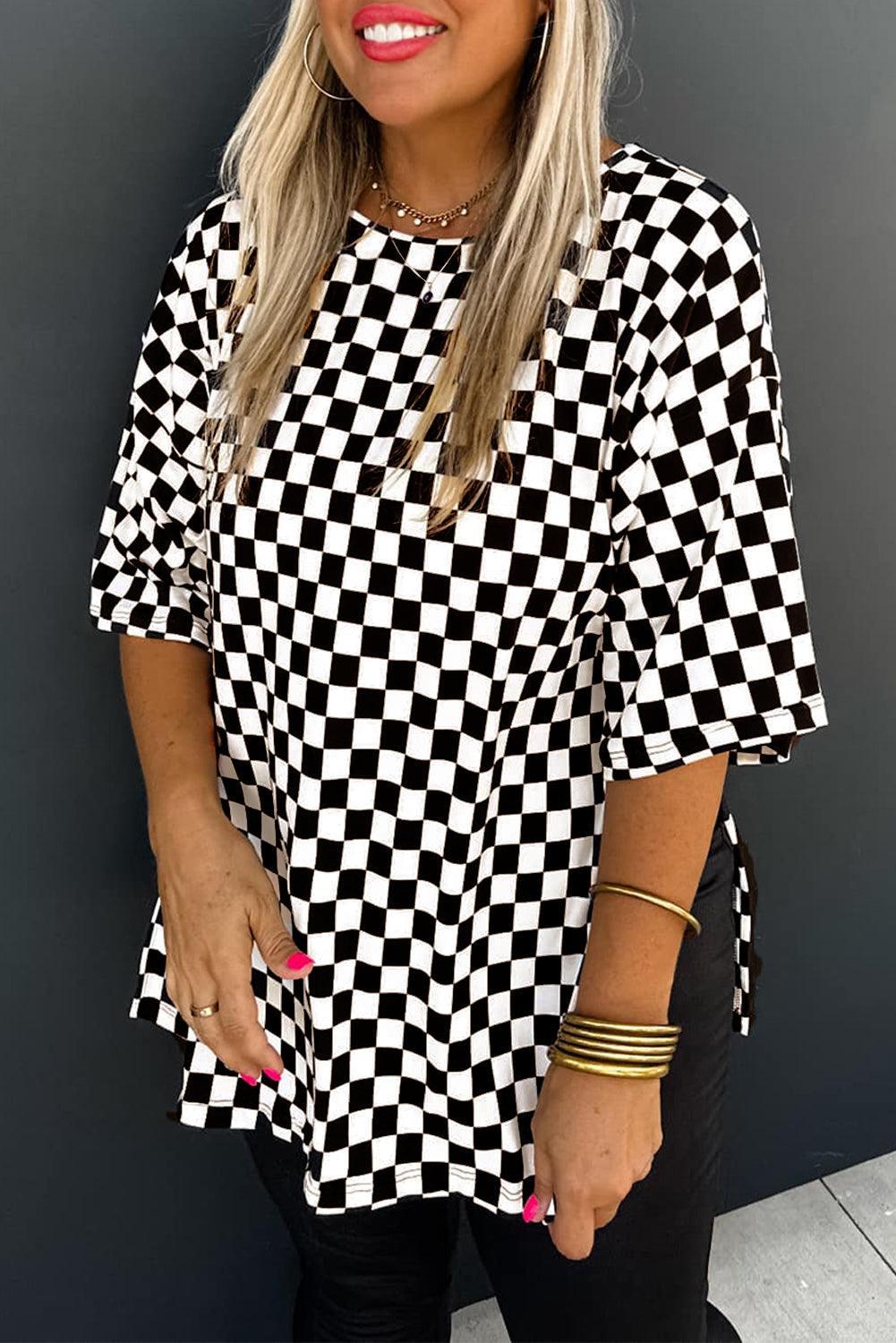 Black Checkered Print Side Slits O Neck Plus Size T Shirt - Toi ‘n’ Moi Ltd