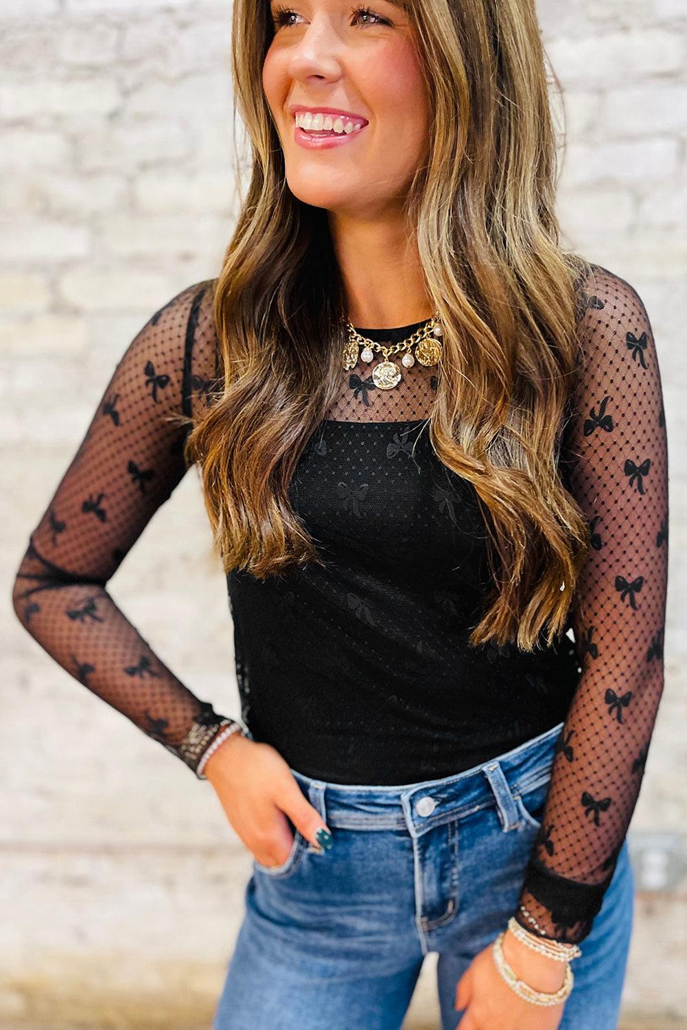 Black Dotted Bow Pattern Mesh Long Sleeve Top - Toi ‘n’ Moi Ltd