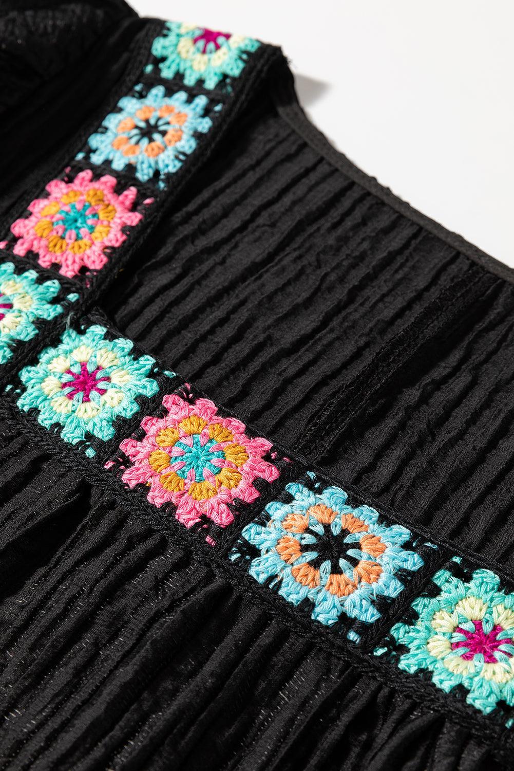 Black Floral Crochet Square Neck Ruffled Short Sleeve Flowy Plus Size Top - Toi ‘n’ Moi Ltd