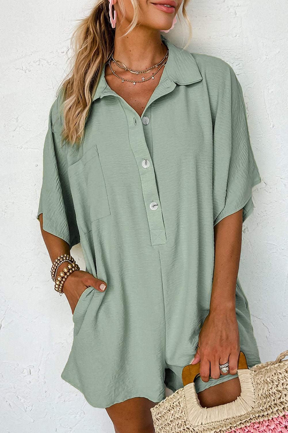 Black Plain Half Button Collared Pocket Loose Romper - Toi ‘n’ Moi Ltd