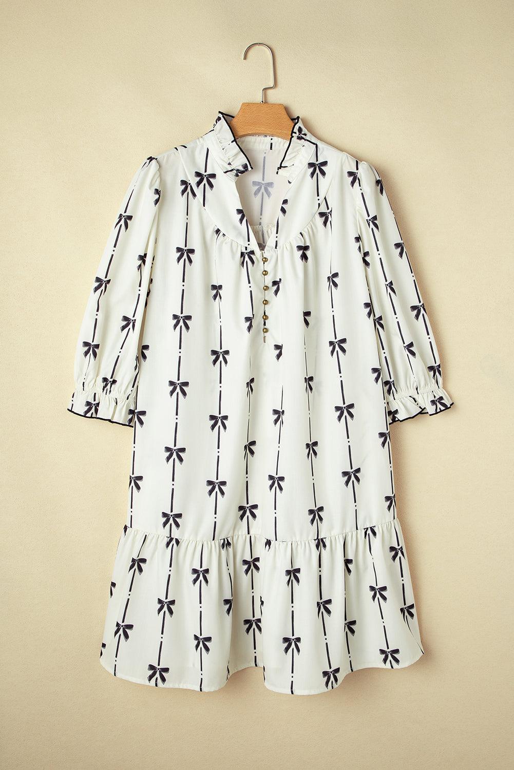 Apricot Bow Printed Puff Sleeve Ruffled Plus Size Mini Dress - Toi ‘n’ Moi Ltd